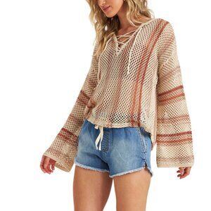BILLABONG Tidal Vibes Sweater Sz L Beige Brown Stripe Lace Up VNeck Cotton Rayon